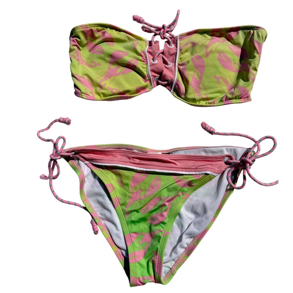 Sperry Top-Sider Womens Green Pink Lobster Print Lace Up Bandeau Bikini Set M